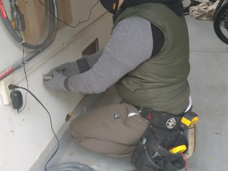 Electrician performing outlet wiring in a Tobyhanna garage